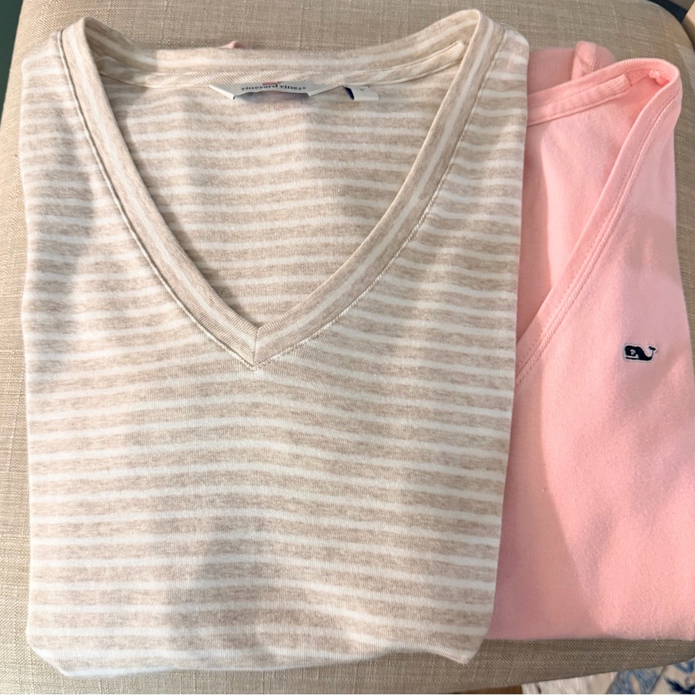 Vineyard Vines Beige & Pink Striped V-Neck Sweaters